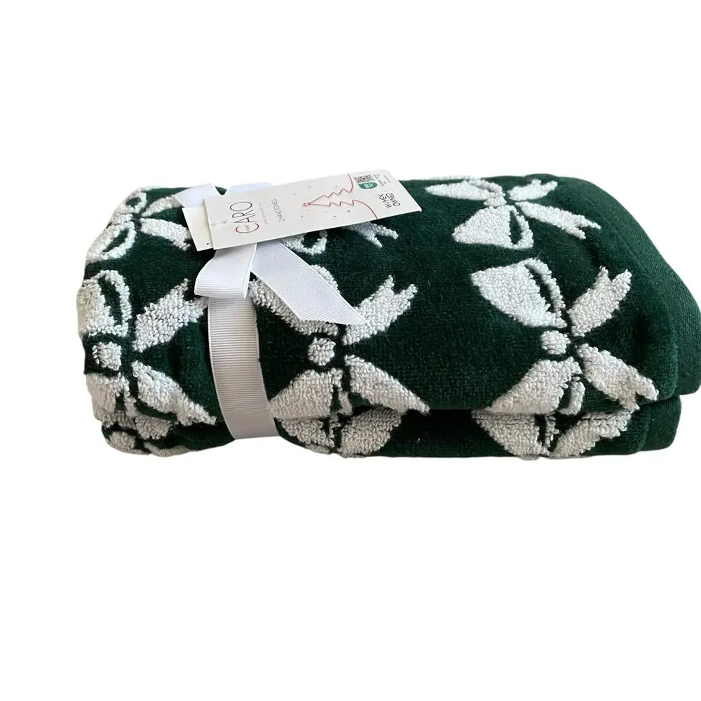Caro Home Christmas Bow Tip Towels Set of 2 Green & White Holiday Glam New